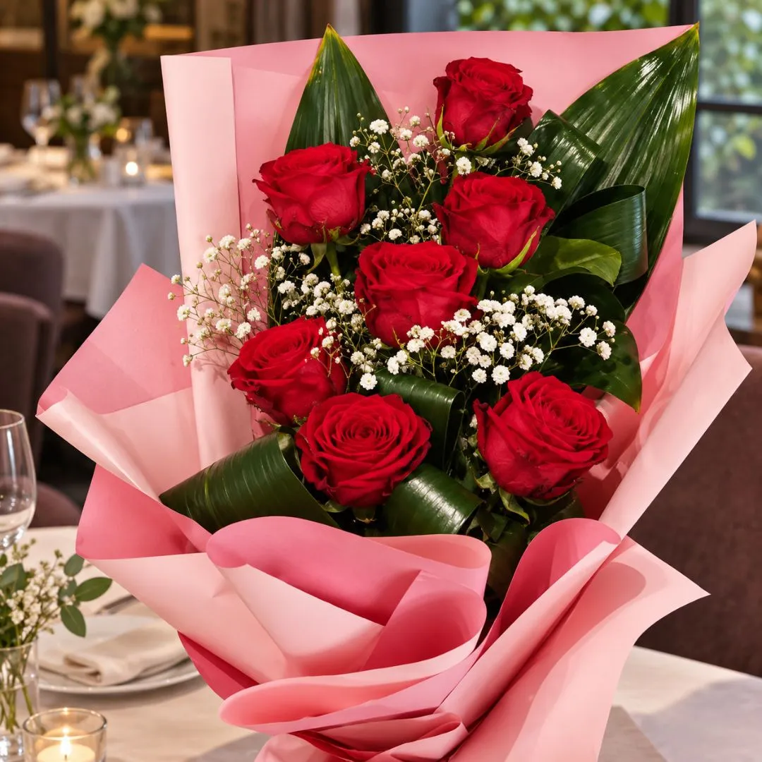 Anniversario al Ristorante: Bouquet Rose Red Naomi gambo lungo e centrotavola - immagine 4