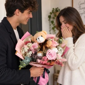 I Primi Anni: Bouquet con Rose Stabilizzate e Peluche